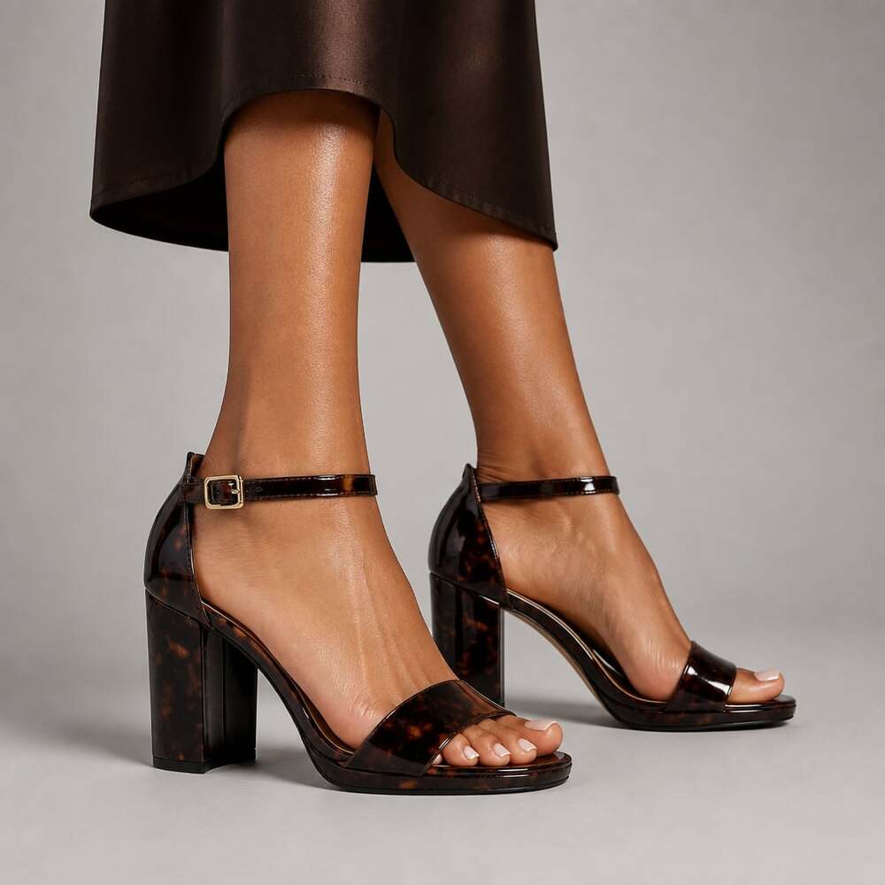 Chinese Laundry Brown Tortoise Shell Patent Block Heel Ankle Strap Platform Sand